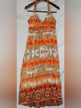 Cristinalove Orange and Tan Patterned Halter Maxi Dress Size L